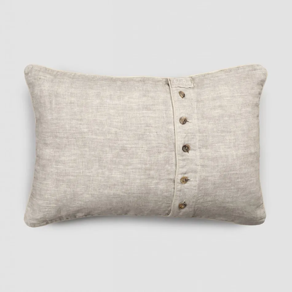 Heavy Linen Pillowcase with Agoya Button Decoration and Piping - Mediterranean Viadurini