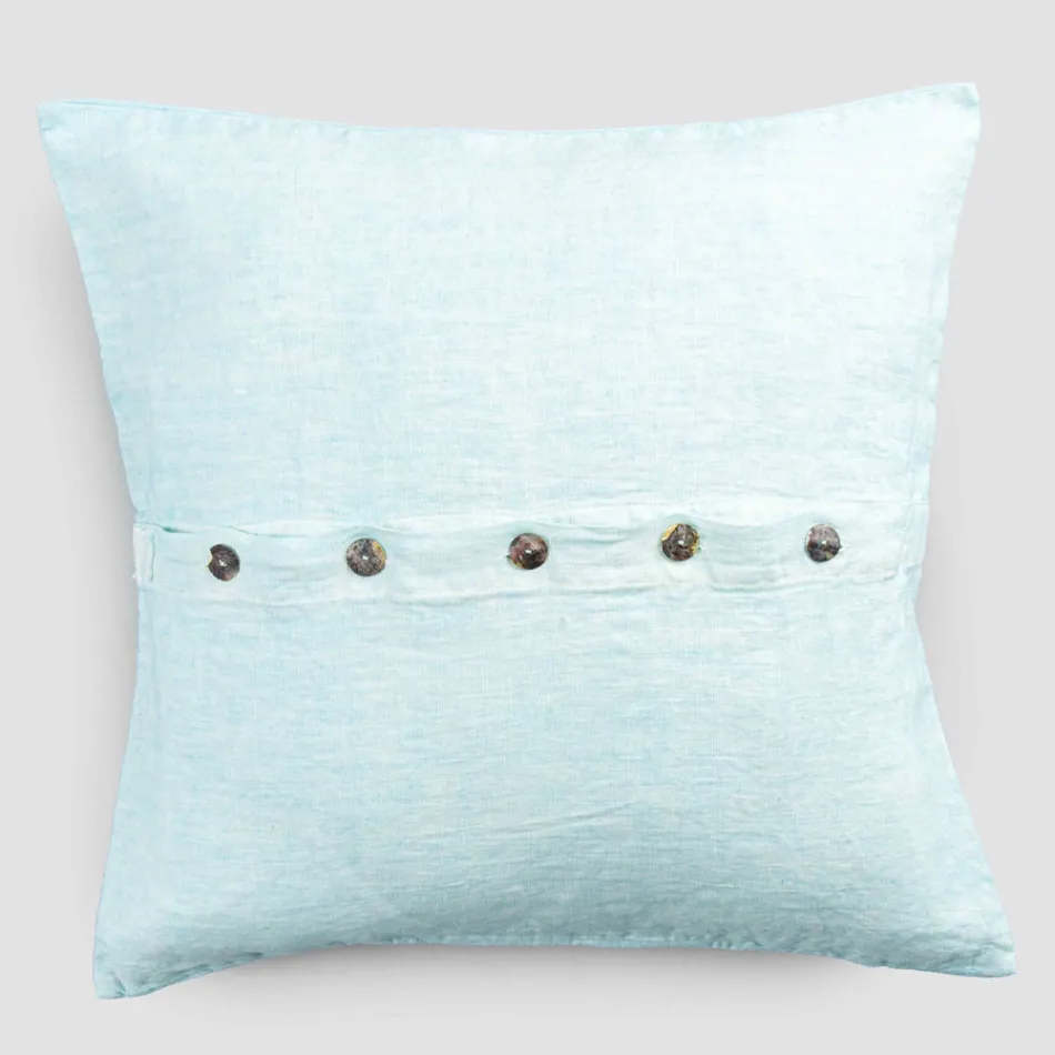 Square Pillowcase in Colored Linen with Agoya Mother-of-Pearl Buttons - Mediterranean Viadurini