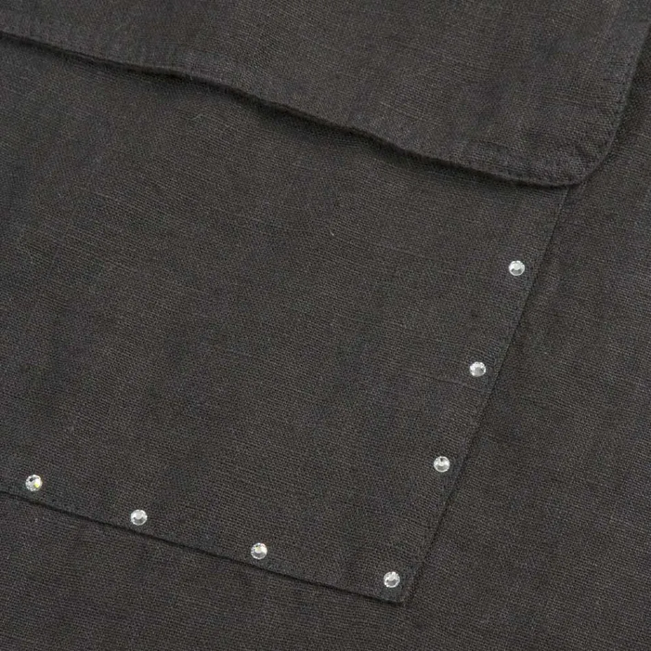 Black Linen Kitchen Apron with Crystals Low Model with Pocket - Click Viadurini