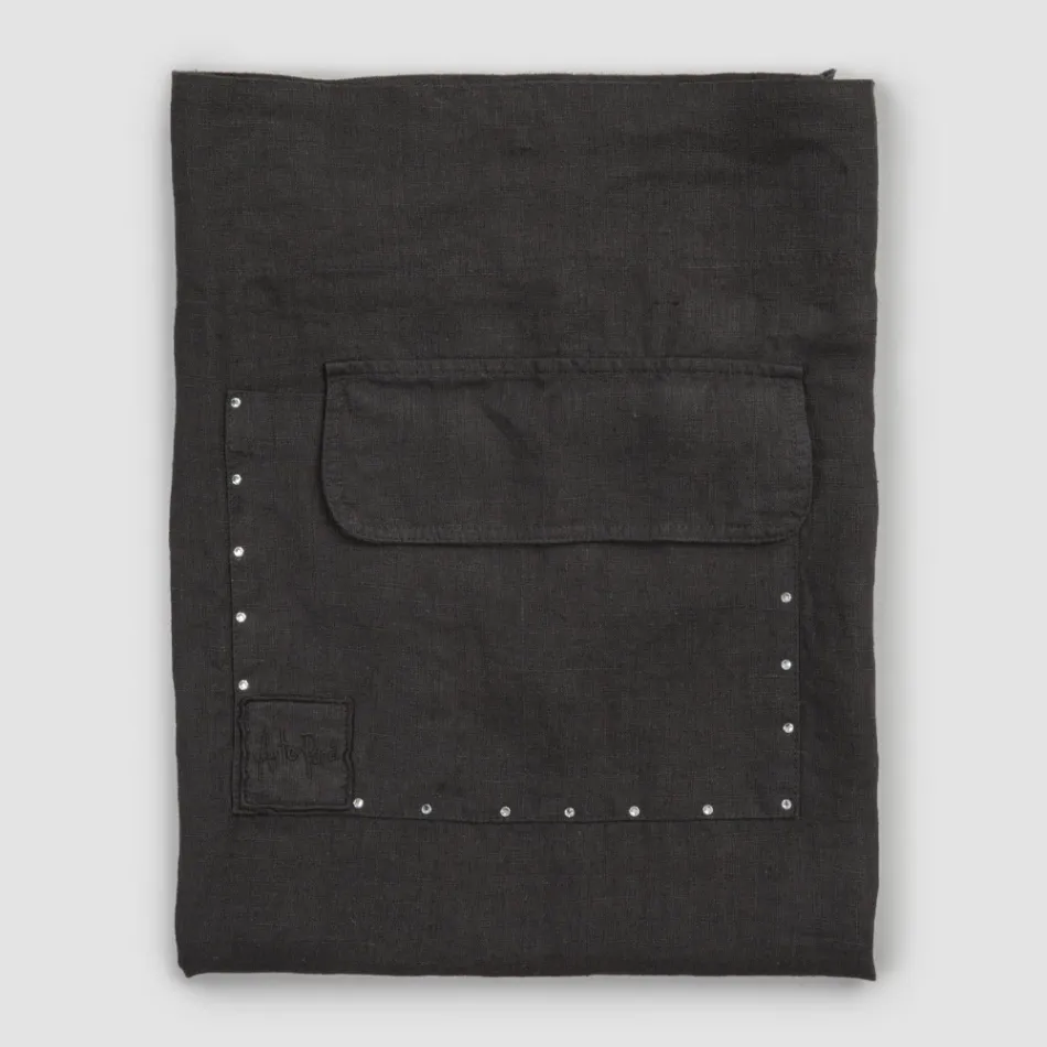 Black Linen Kitchen Apron with Crystals Low Model with Pocket - Click Viadurini
