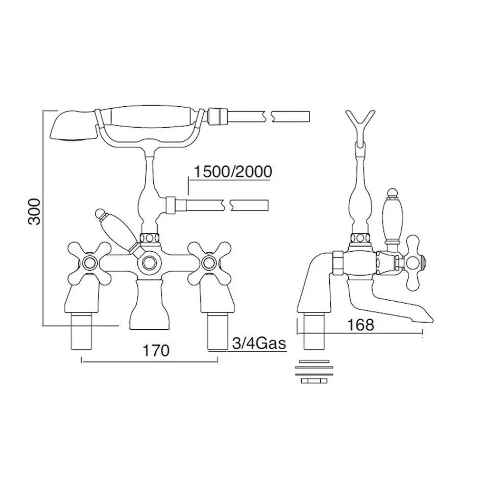 Classic Bathtub Edge Group with Brass Hand Shower Made in Italy - Ercolina Viadurini