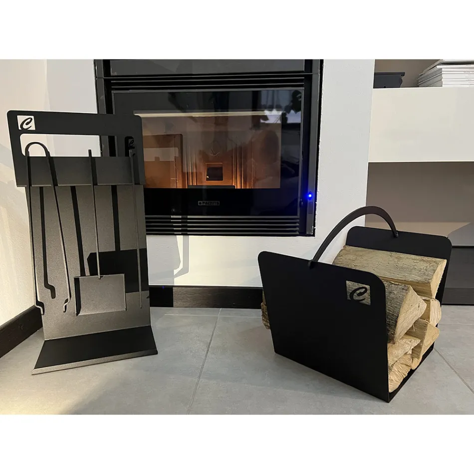 Set of Design Tools for Fireplace in Black Steel Made in Italy - Ostro Viadurini