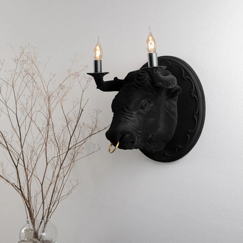 Wall Lamp with 2 Lights in Ceramic Design in the Shape of a Bull - Marrena Viadurini