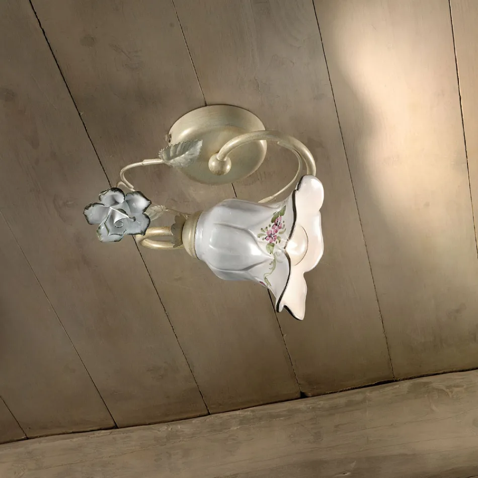 Ceiling Lamp in Metal and Ceramic with Hand Painted Rose - Pisa Viadurini