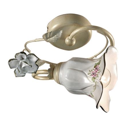 Ceiling Lamp in Metal and Ceramic with Hand Painted Rose - Pisa Viadurini
