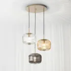 Suspension Lamp 3 Lights in Colored Blown Glass and Metal - Trissa Viadurini