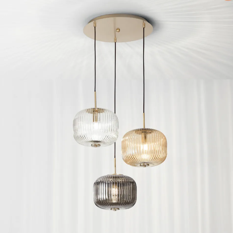 Suspension Lamp 3 Lights in Colored Blown Glass and Metal - Trissa Viadurini