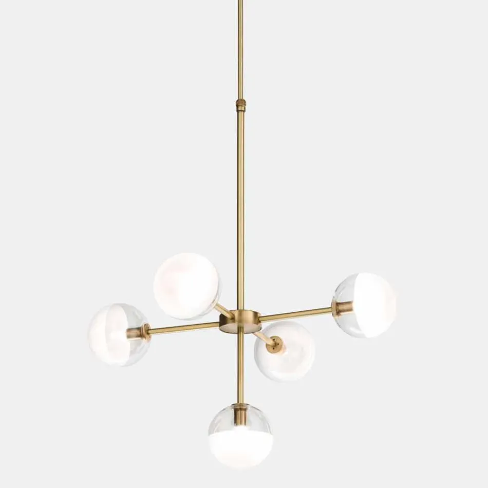 5 Lights Suspension Lamp in Natural Brass and Glass - Molecola by Il Fanale Viadurini