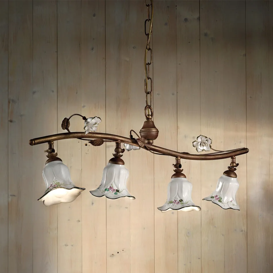 4 Lights Suspension Lamp in Handcrafted Ceramic Rose Decor - Pisa Viadurini