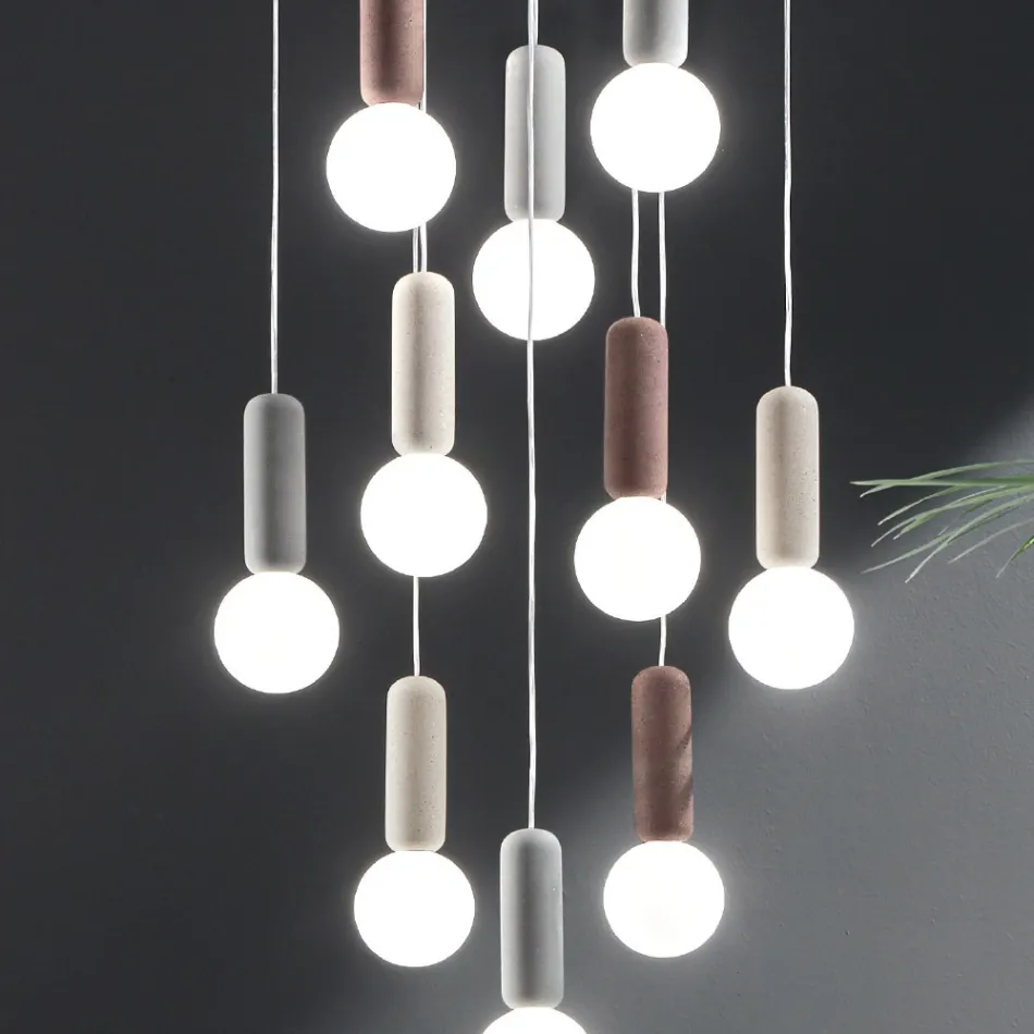 Suspension Lamp with 6 or 10 Lights in Cement and Blown Glass - Duster Viadurini