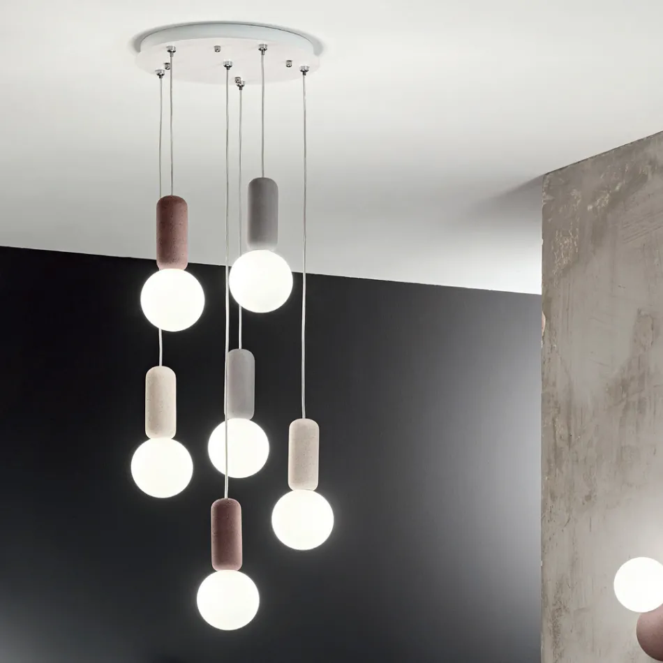 Suspension Lamp with 6 or 10 Lights in Cement and Blown Glass - Duster Viadurini