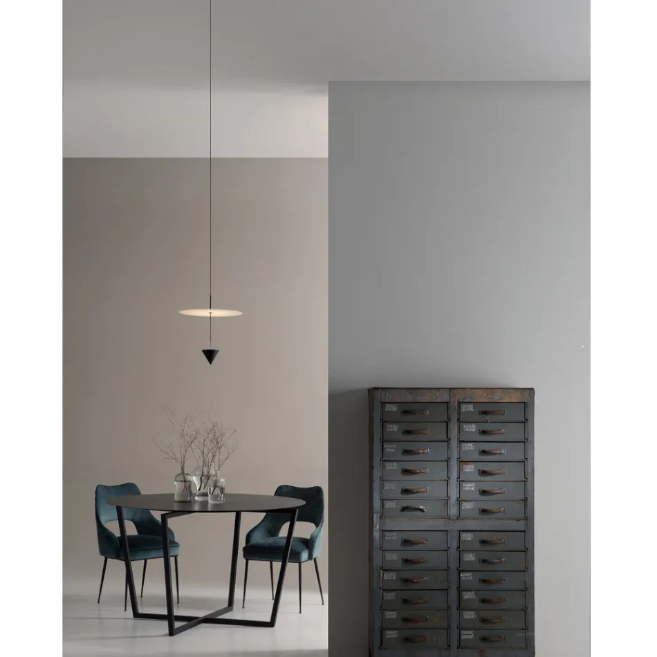 Aluminum Suspension Lamp with White Plate and Black Cone - Padel Viadurini