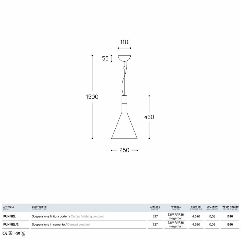 Hanging lamp in concrete Funnel Aldo Bernardi Viadurini