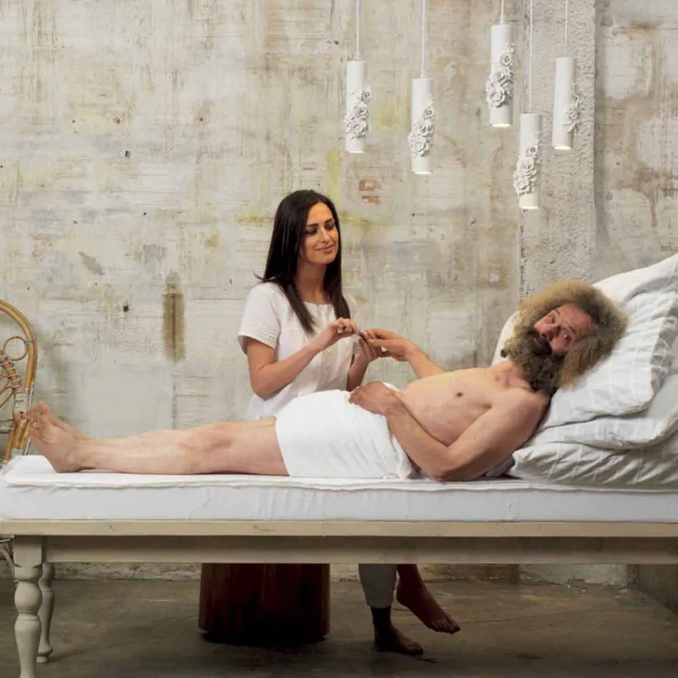 Suspension Lamp in Matt White Ceramic with Decorative Flowers - Revolution Viadurini