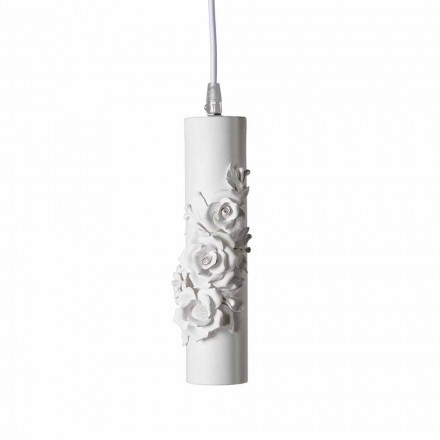 Suspension Lamp in Matt White Ceramic with Decorative Flowers - Revolution Viadurini