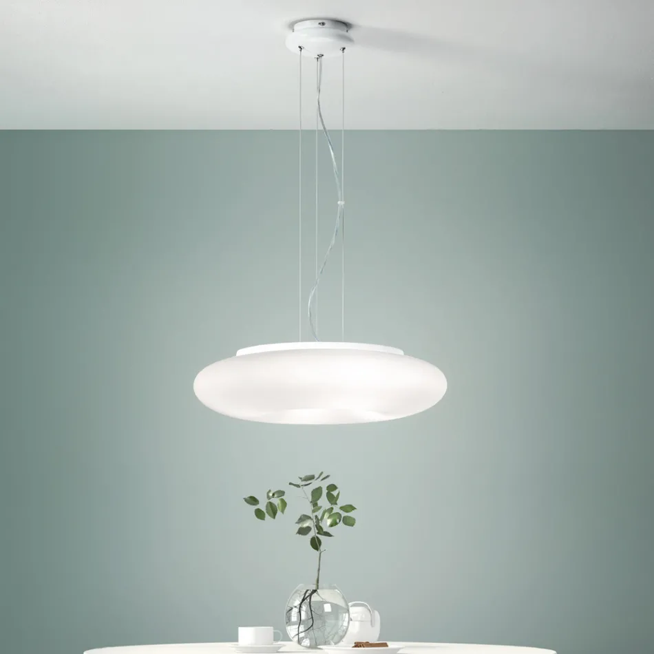 Suspension Lamp in Blown White Glass and Chromed Metal - Ariana Viadurini