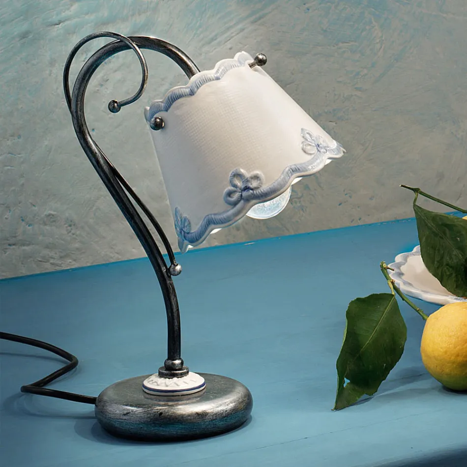 Table Lamp Iron and Ceramic Hand Painted Embroidery Effect - Ravenna Viadurini