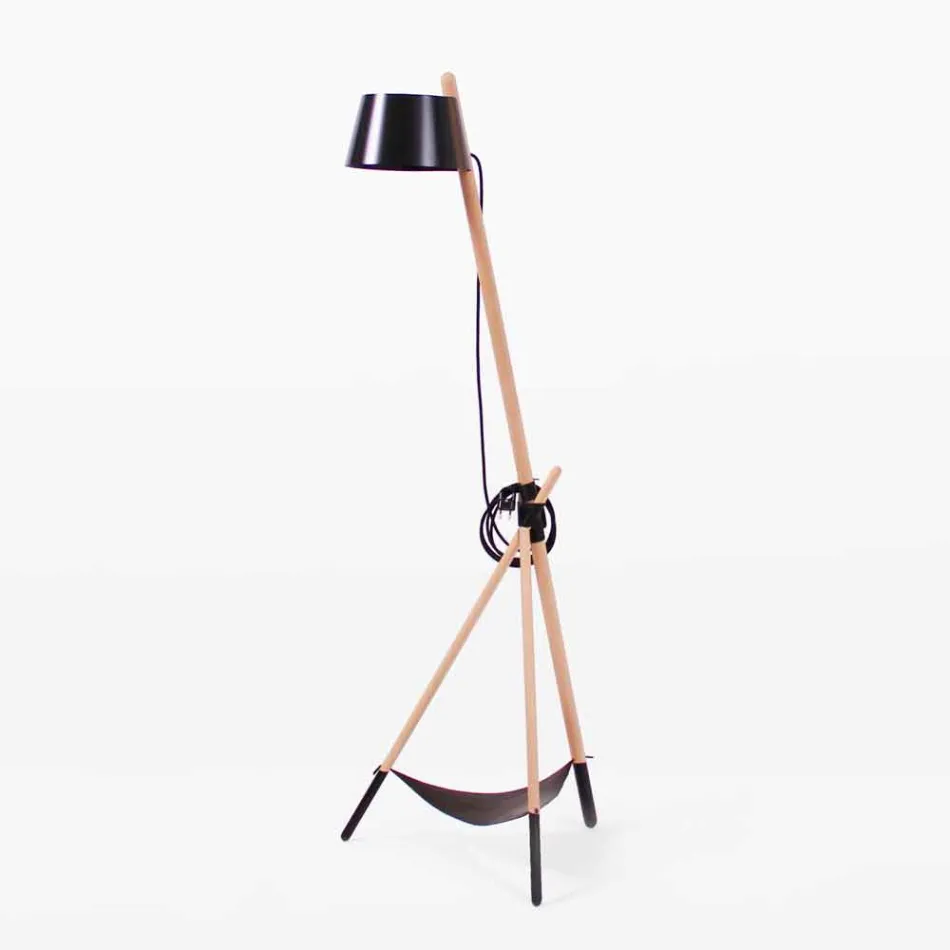 Design Floor Lamp in Beech Wood and Lacquered Metal - Avetta Viadurini