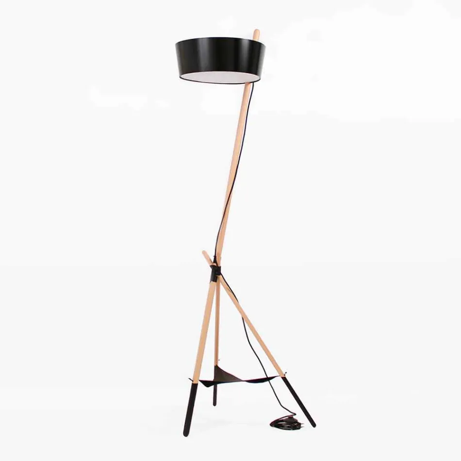 Floor Lamp in Wood and Metal with Details in Vegan Leather - Avetta Viadurini