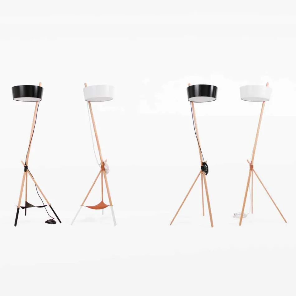 Floor Lamp in Wood and Metal with Details in Vegan Leather - Avetta Viadurini