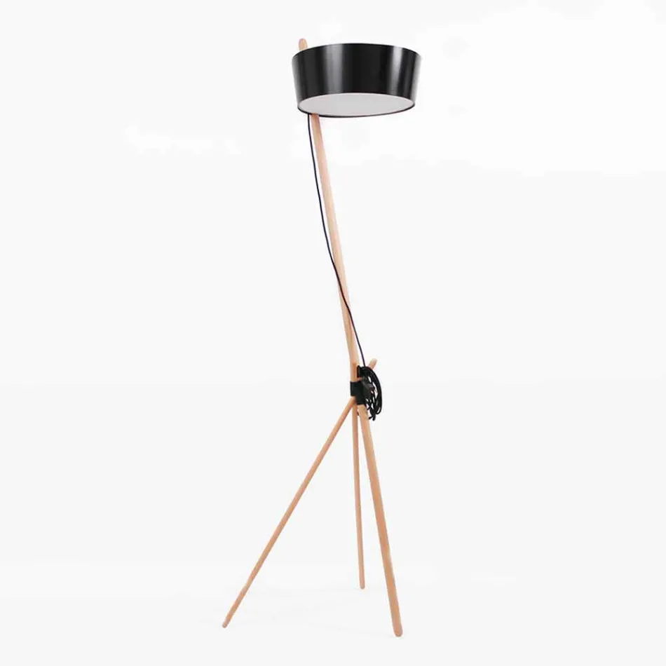 Floor Lamp in Wood and Metal with Details in Vegan Leather - Avetta Viadurini