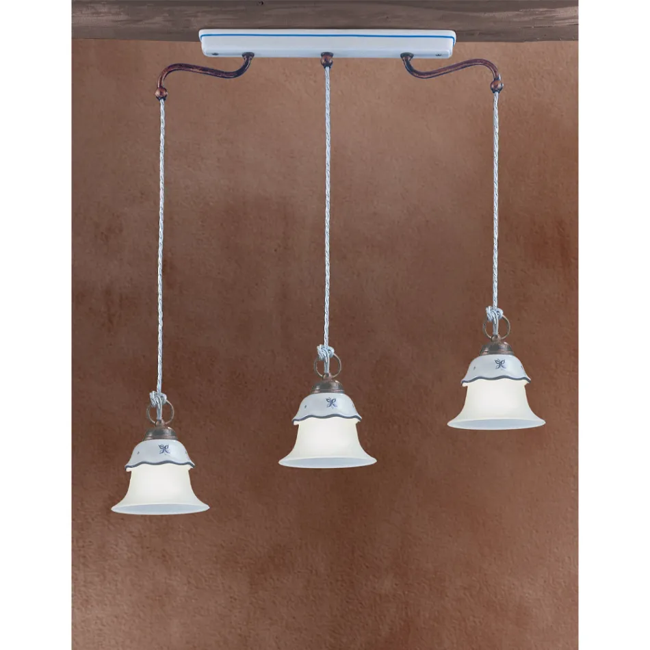 Vintage 3-Light Suspension Lamp in Iron, Glass and Ceramic - Ferrara Viadurini