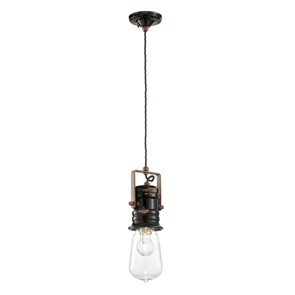 Industrial Design Suspension Lamp in Iron, Glass and Ceramic - Urban Viadurini