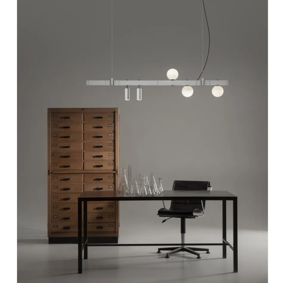 Suspended Lamp Design White Aluminum with Glass Spheres and Spotlights - Exodus Viadurini
