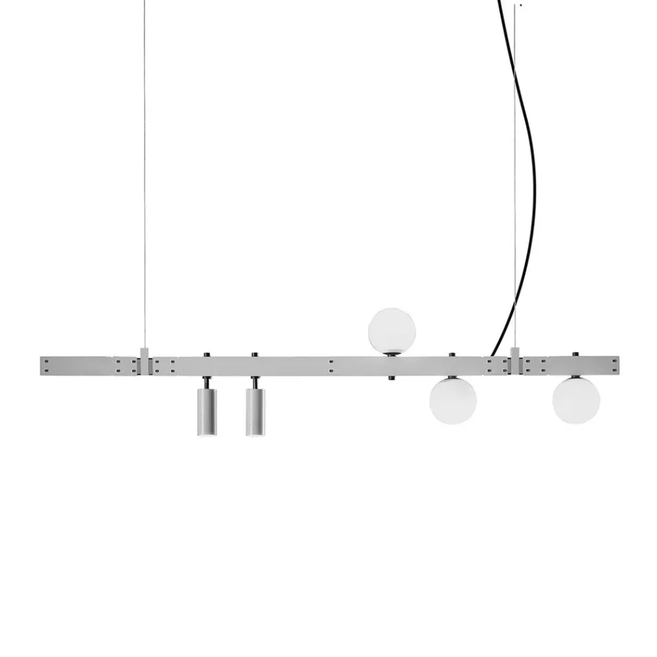 Suspended Lamp Design White Aluminum with Glass Spheres and Spotlights - Exodus Viadurini