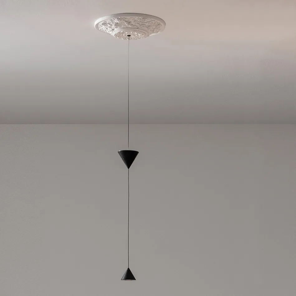 Design Suspended Lamp in White Plaster and Black Aluminum 2 Cones - Tesera Viadurini