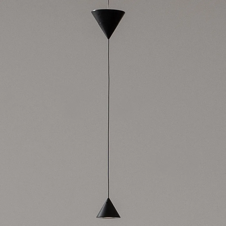 Design Suspended Lamp in White Plaster and Black Aluminum 2 Cones - Tesera Viadurini