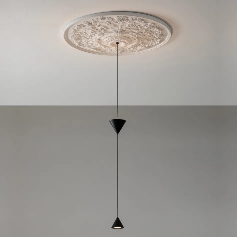 Design Suspended Lamp in White Plaster and Black Aluminum 2 Cones - Tesera Viadurini