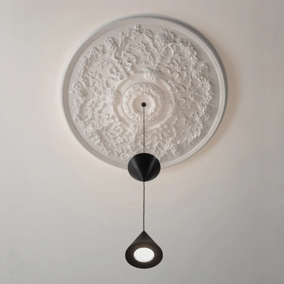 Design Suspended Lamp in White Plaster and Black Aluminum 2 Cones - Tesera Viadurini