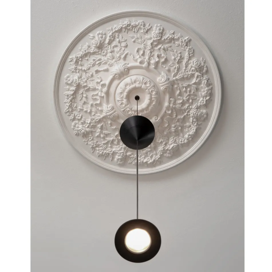 Design Suspended Lamp in White Plaster and Black Aluminum 2 Cones - Tesera Viadurini