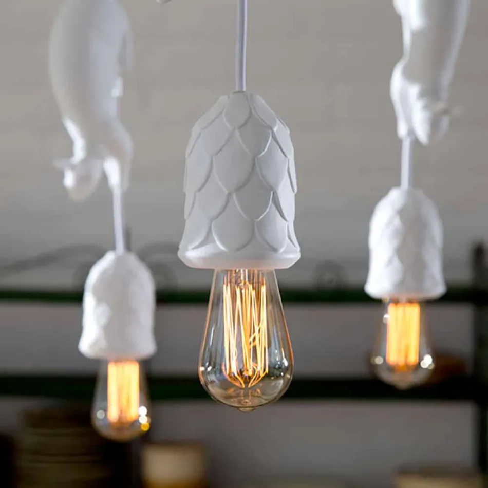 Suspended Lamp in Matt White Ceramic with Squirrel and Acorn - Squirrel Viadurini