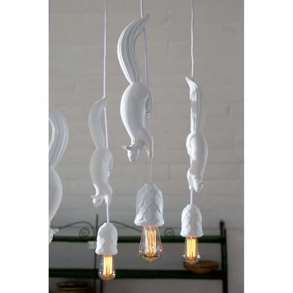 Suspended Lamp in Matt White Ceramic with Squirrel and Acorn - Squirrel Viadurini