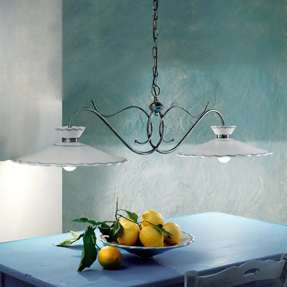 Linear Suspended Lamp 2 Lights Ceramic Handcrafted Embroidery Effect - Ravenna Viadurini