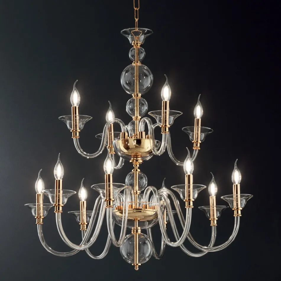 Classic Chandelier 12 Lights in Italian Handmade Glass and Metal - Memore Viadurini