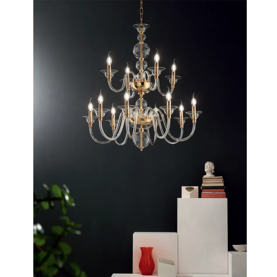 Classic Chandelier 12 Lights in Italian Handmade Glass and Metal - Memore Viadurini