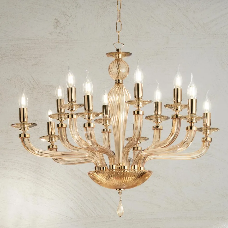 Classic 12 Lights Chandelier in Handmade Rigaton Glass and Gold Metal - Fievole Viadurini