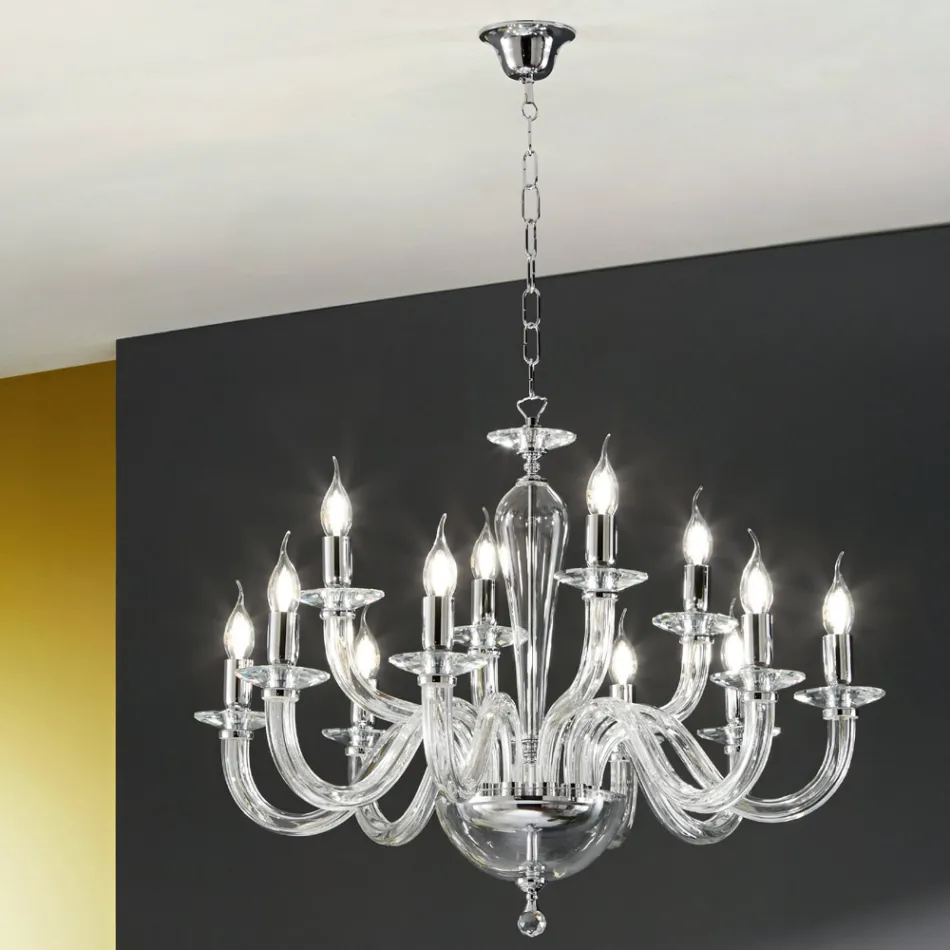 Classic Chandelier 12 Lights in Italian Handmade Transparent Glass - Rapallo Viadurini