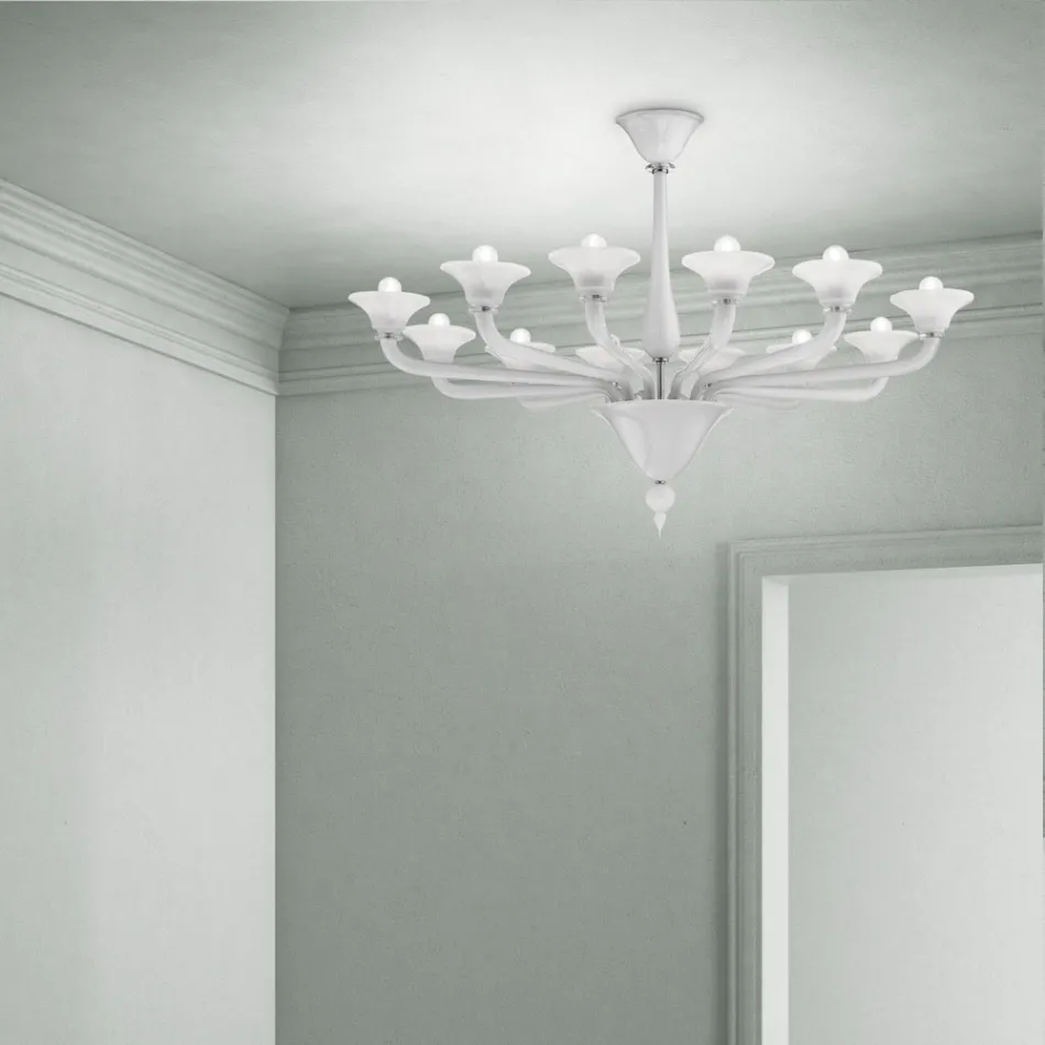 12 Lights Chandelier in White Venice Glass and Chromed Metal - Ismail Viadurini