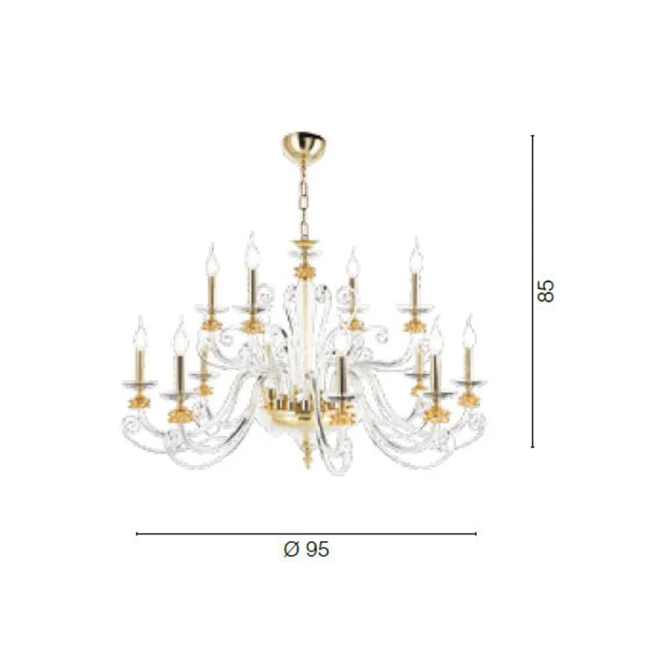 12 Lights Chandelier in Blown Glass and Classic Luxury Crystal - Cassea Viadurini