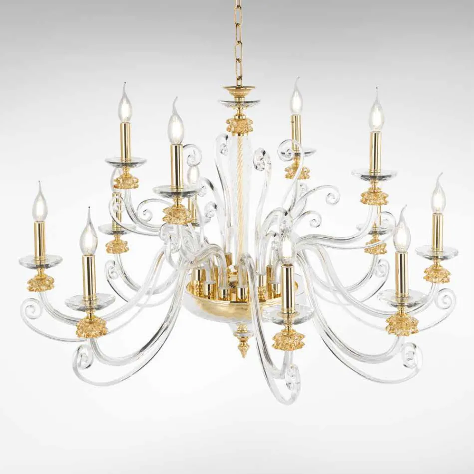 12 Lights Chandelier in Blown Glass and Classic Luxury Crystal - Cassea Viadurini