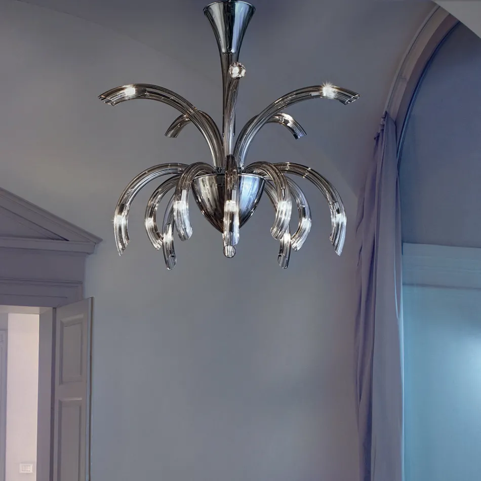 15 Lights Chandelier in Venetian Glass and Chrome Metal Made in Italy - Jason Viadurini