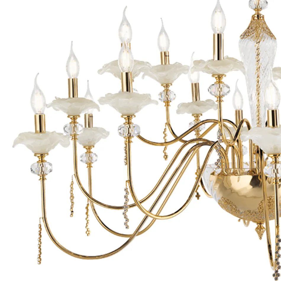 Classic 18 Lights Chandelier in Glass, Crystal and Luxury Metal - Flanders Viadurini