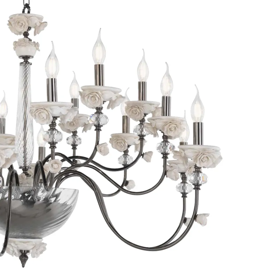 Classic 30 Lights Chandelier in Porcelain and Luxury Blown Glass - Eteria Viadurini
