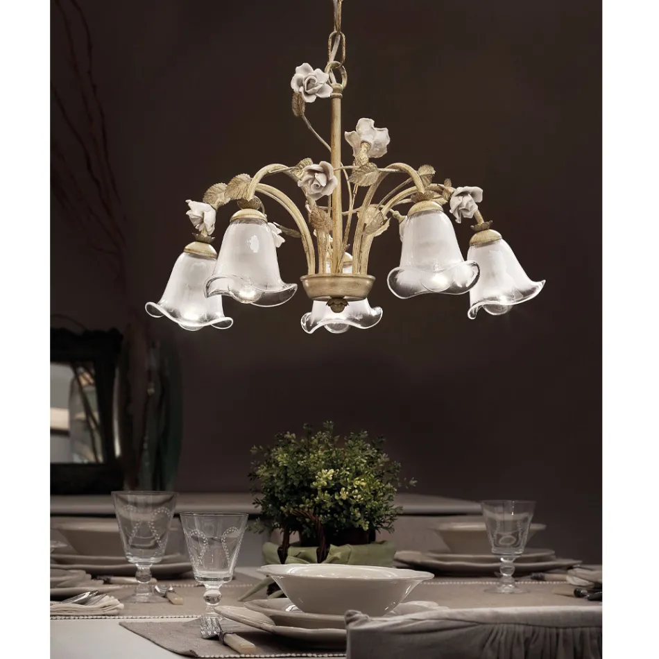 5 Lights Chandelier in Iron and Sandblasted Glass with Ceramic Roses - Siena Viadurini