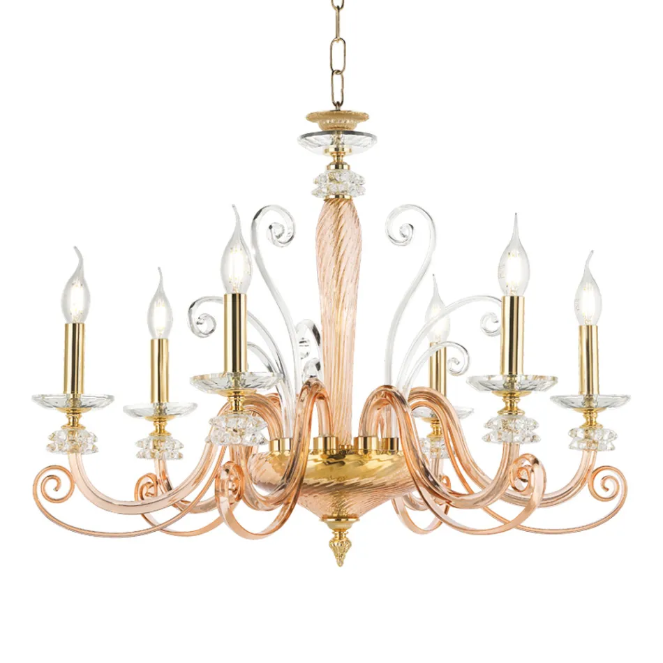 6 Lights Chandelier in Blown Glass and Classic Luxury Crystal - Cassea Viadurini