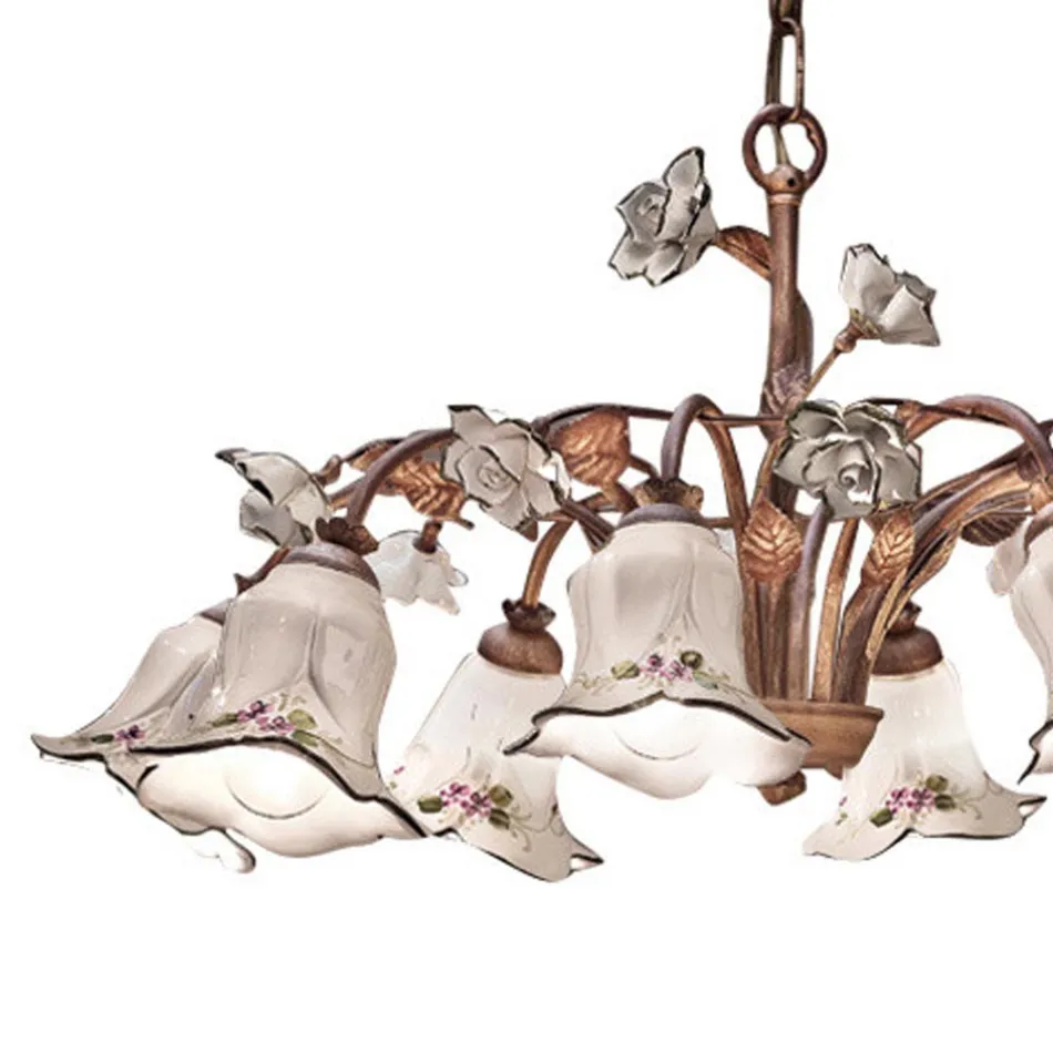 8 Lights Chandelier in Metal and Hand-Decorated Ceramic and Roses - Pisa Viadurini